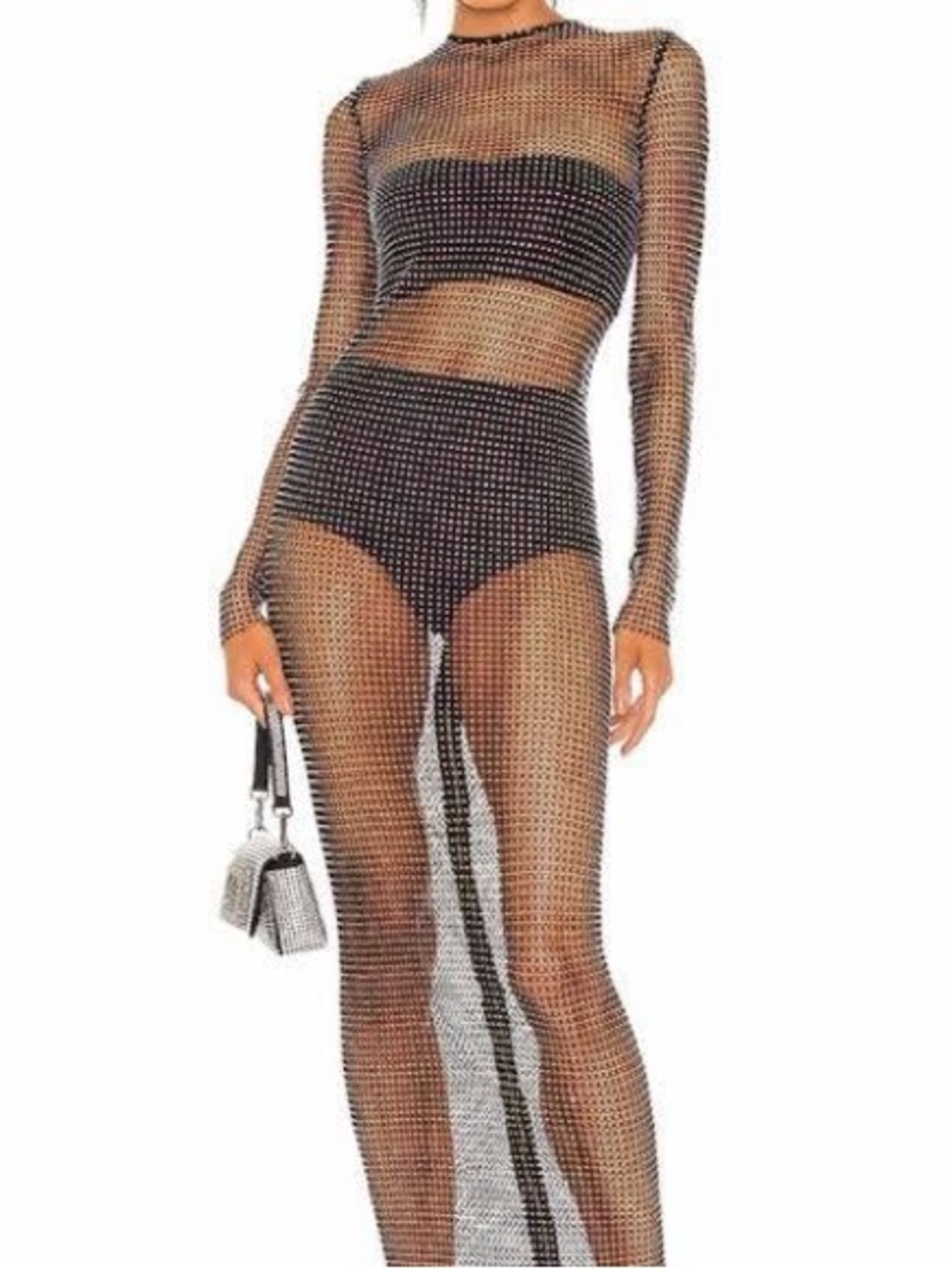 Bronx and Banco Black Crystal Mesh Maxi Dress